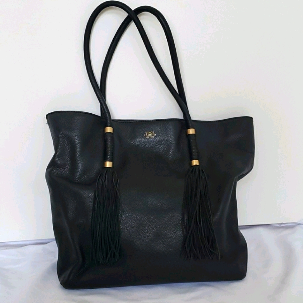 Vince Camuto Black Leather Tote Purse Tassels